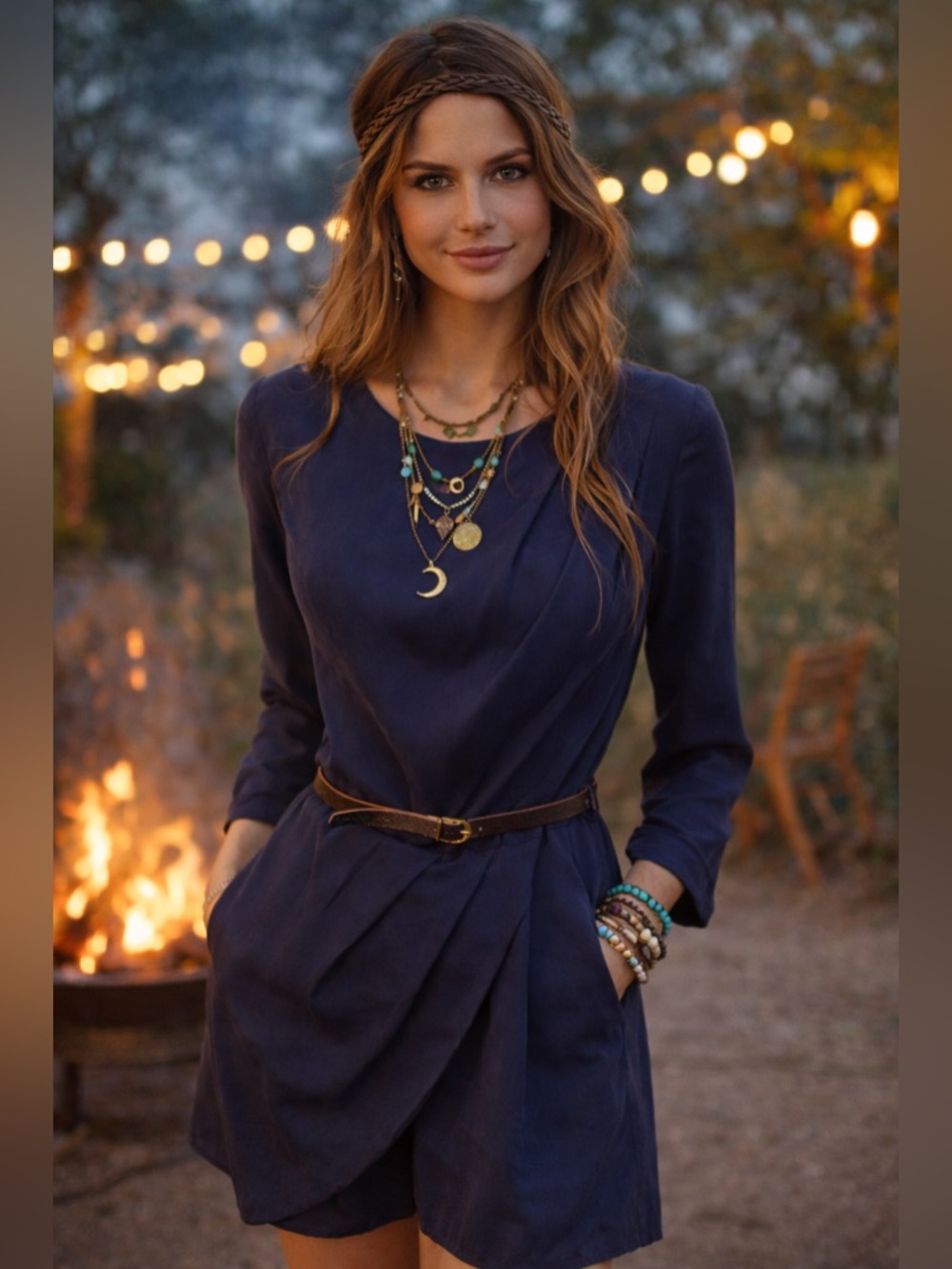 Dolce Vita 100% Silk Navy Shorts Romper Dress Belted Draped Mini NWT LONG SLEEVE - Picture 3 of 13